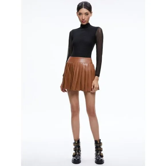 Alice + Olivia Pura Vegan Leather Pleated Skort Camel Brown 6 - Picture 3 of 6